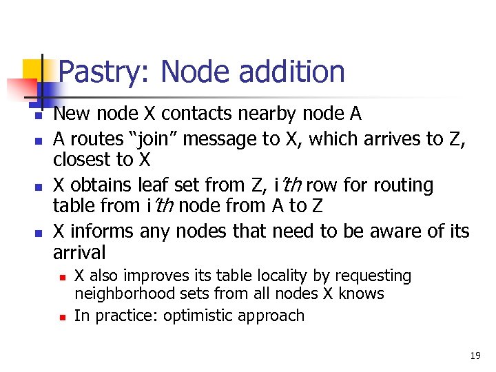 Pastry: Node addition n n New node X contacts nearby node A A routes