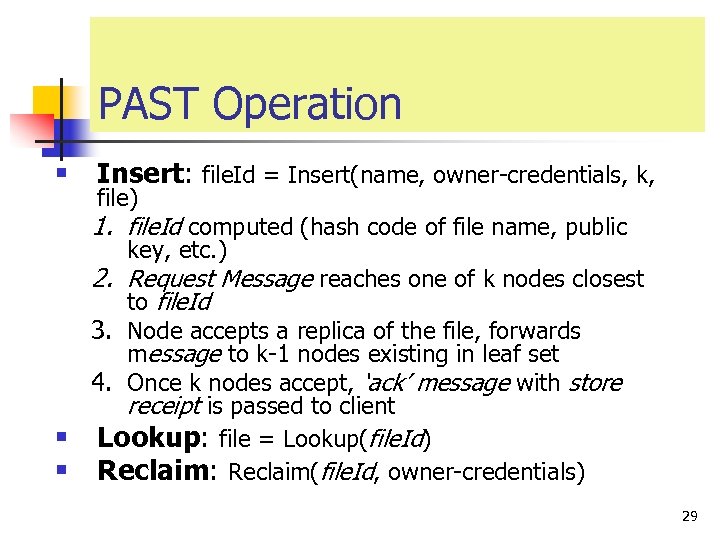PAST Operation § Insert: file. Id = Insert(name, owner-credentials, k, file) 1. file. Id
