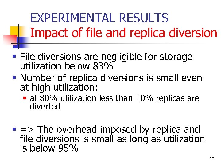 EXPERIMENTAL RESULTS Impact of file and replica diversion § File diversions are negligible for