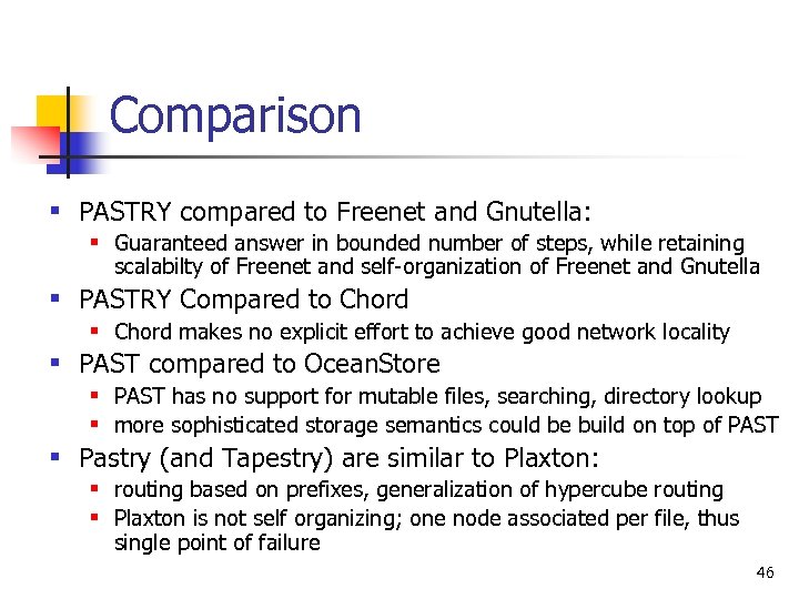 Comparison § PASTRY compared to Freenet and Gnutella: § Guaranteed answer in bounded number