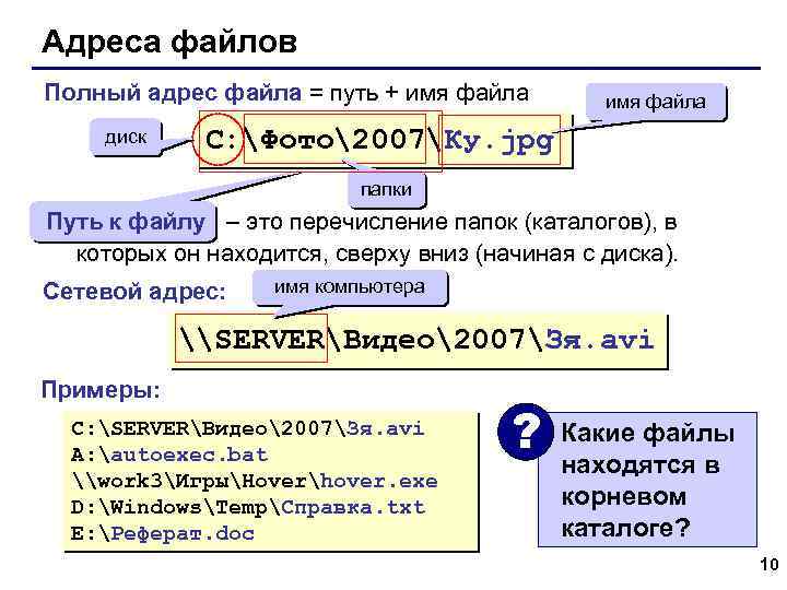 Адреса файлов Полный адрес файла = путь + имя файла диск имя файла C: