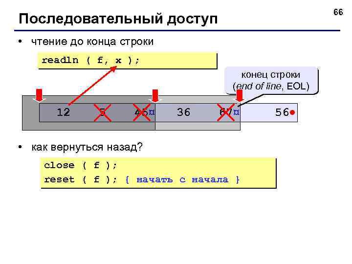 66 Последовательный доступ • чтение до конца строки readln ( f, x ); конец