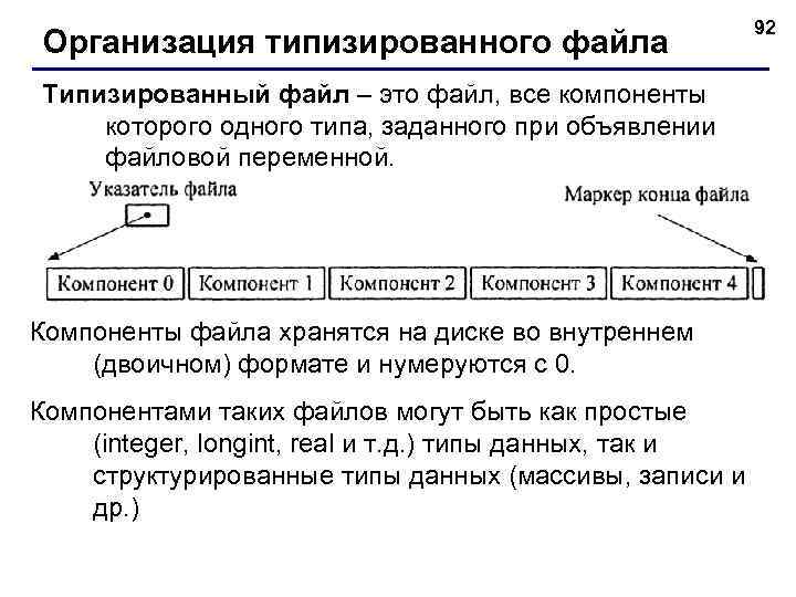 Организация типизированного файла Типизированный файл – это файл, все компоненты которого одного типа, заданного