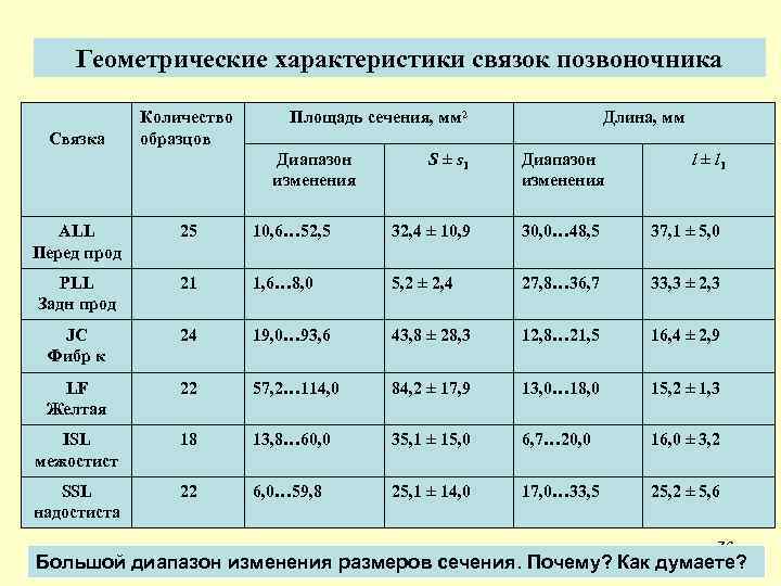 Диапазон изменения. Связки характеристика. Геометрические Размеры связок позвоночника. Высота и длина связок. Как определяется Кол во связок и их размер РО И HK.