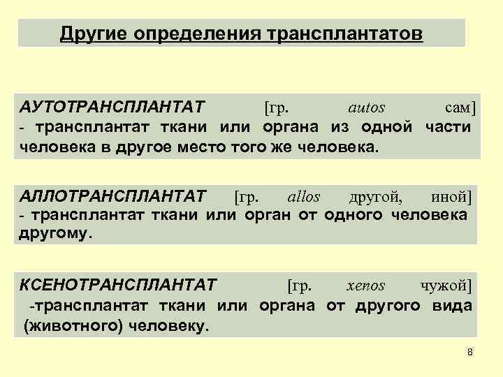 Другие определения трансплантатов АУТОТРАНСПЛАНТАТ [гр. autos сам] - трансплантат ткани или органа из одной