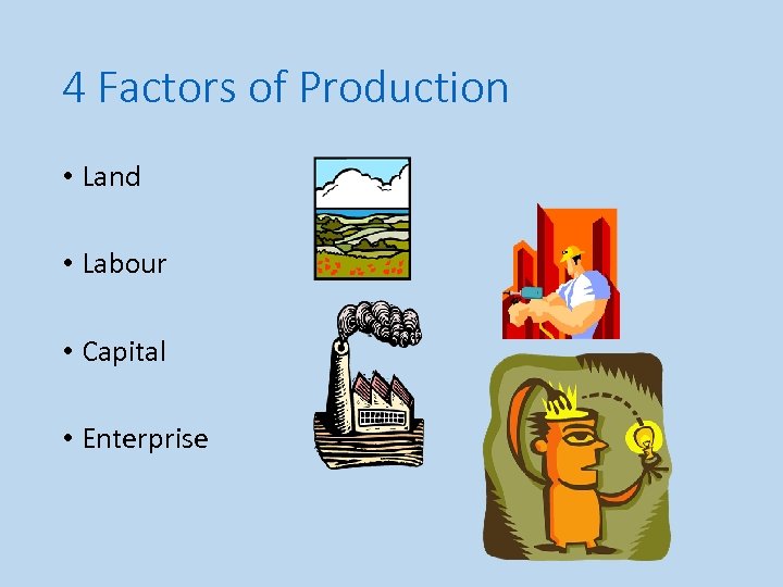 4 Factors of Production • Land • Labour • Capital • Enterprise 