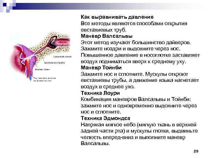 Как выравнивать давление Все методы являются способами открытия евстахиевых труб. Маневр Валсальвы Этот метод