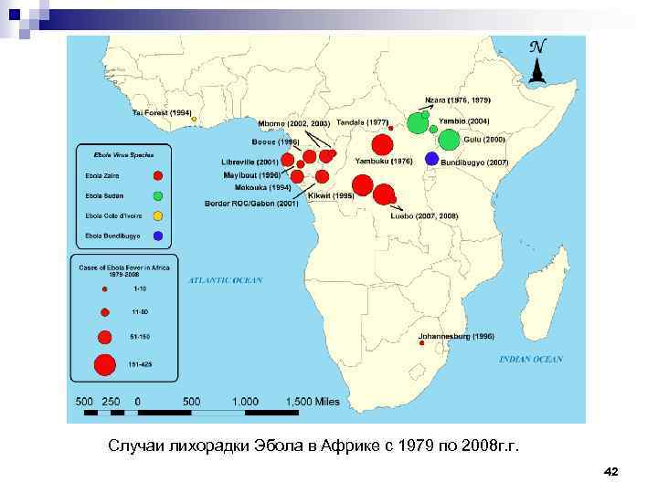 Случаи лихорадки Эбола в Африке с 1979 по 2008 г. г. 42 
