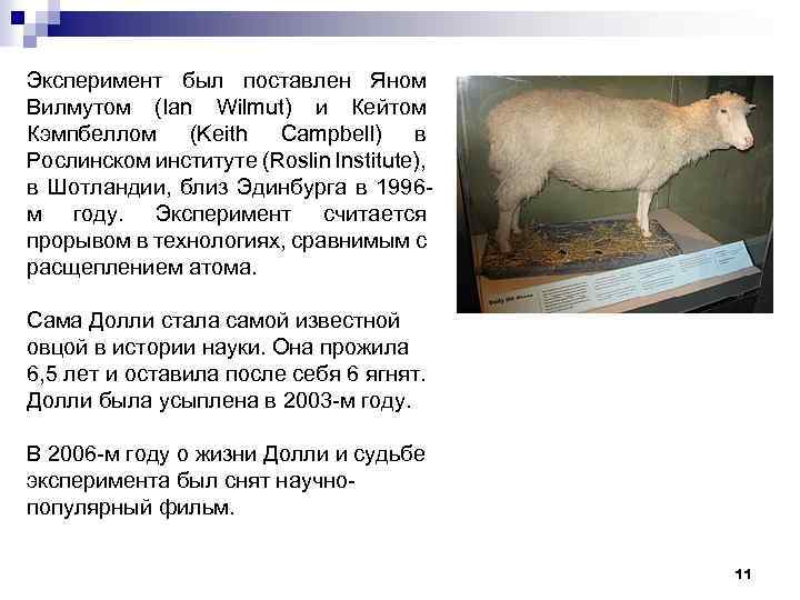 Эксперимент был поставлен Яном Вилмутом (Ian Wilmut) и Кейтом Кэмпбеллом (Keith Campbell) в Рослинском