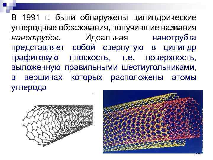В 1991 г. были обнаружены цилиндрические углеродные образования, получившие названия нанотрубок. Идеальная нанотрубка представляет