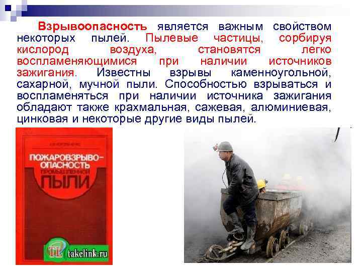 Взрывоопасность является важным свойством некоторых пылей. Пылевые частицы, сорбируя кислород воздуха, становятся легко воспламеняющимися