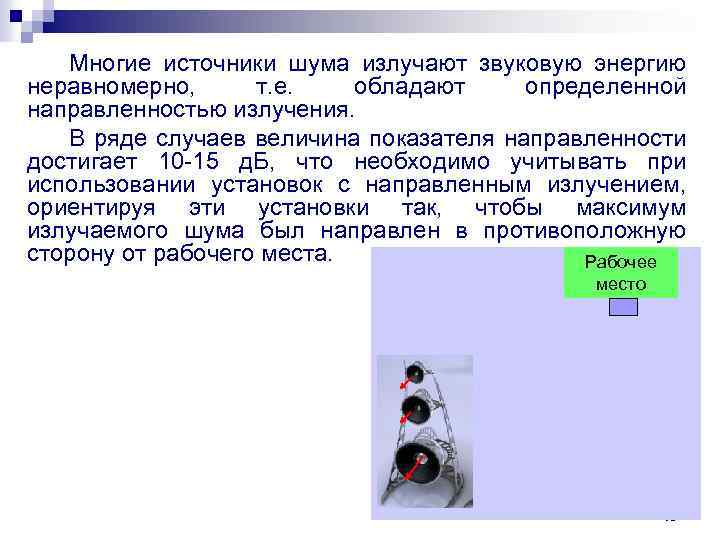 Многие источники шума излучают звуковую энергию неравномерно, т. е. обладают определенной направленностью излучения. В