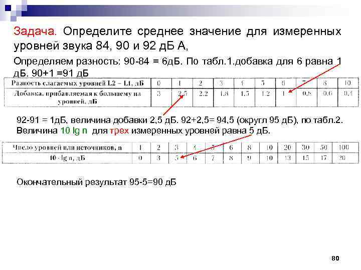 Задача. Определите среднее значение для измеренных уровней звука 84, 90 и 92 д. Б