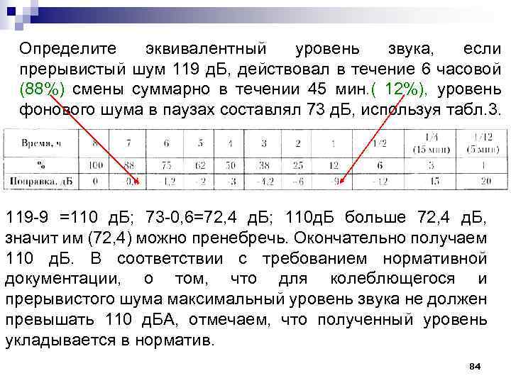 Определите эквивалентный уровень звука, если прерывистый шум 119 д. Б, действовал в течение 6