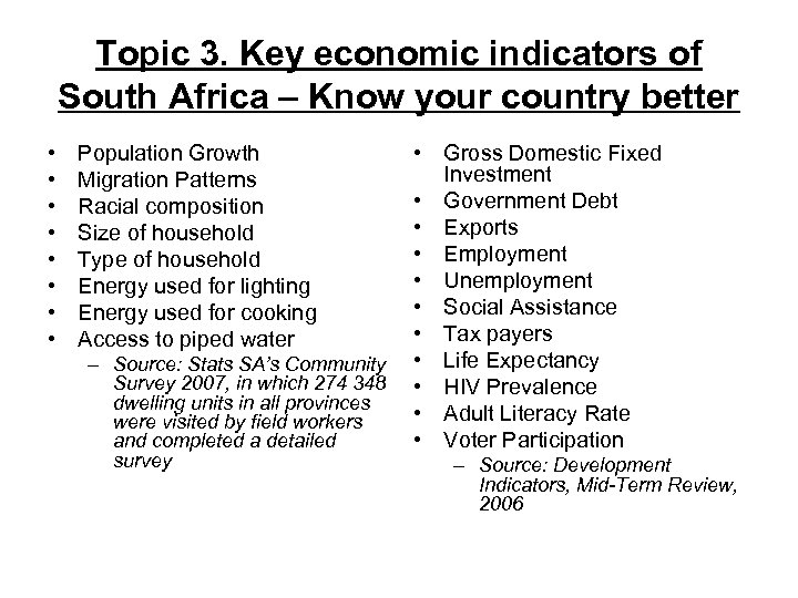 Topic 3. Key economic indicators of South Africa – Know your country better •