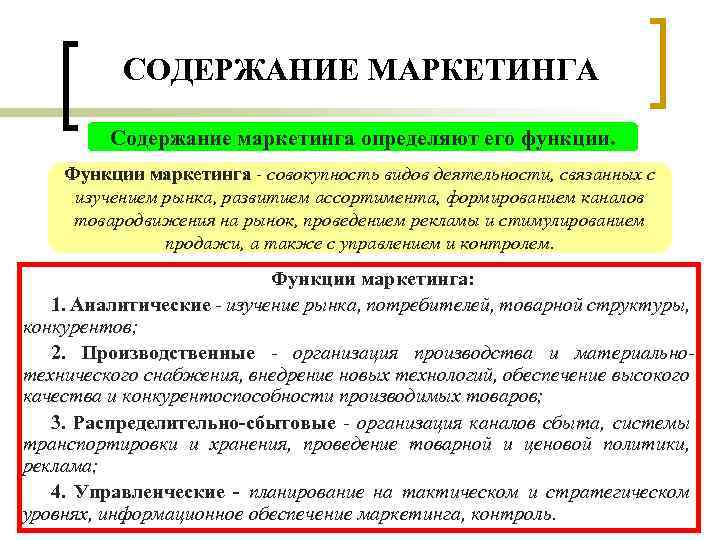 СОДЕРЖАНИЕ МАРКЕТИНГА Содержание маркетинга определяют его функции. Функции маркетинга - совокупность видов деятельности, связанных