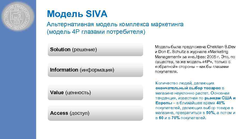 Модель SIVA Альтернативная модель комплекса маркетинга (модель 4 Р глазами потребителя) Solution (решение) Information