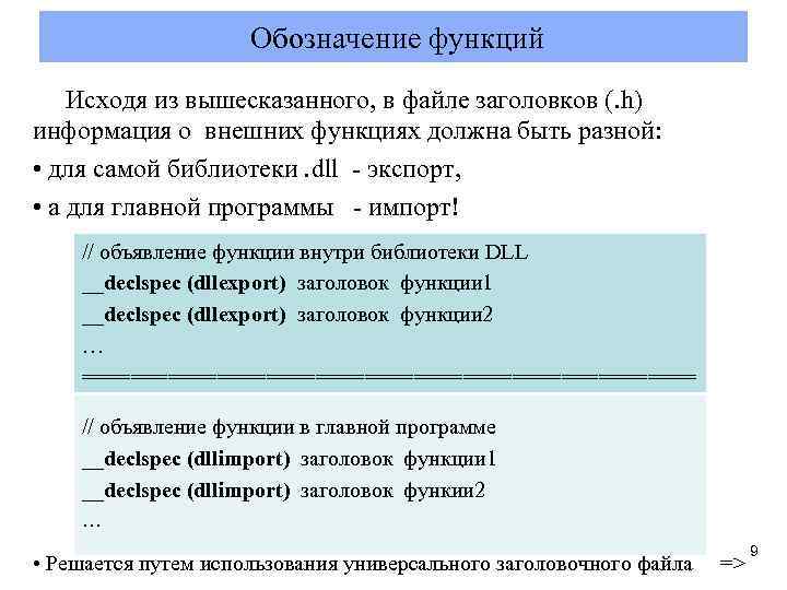  Обозначение функций Исходя из вышесказанного, в файле заголовков (. h) информация о внешних