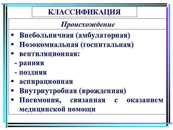 КЛАССИФИКАЦИЯ Происхождение § Внебольничная (амбулаторная) § Нозокомиальная (госпитальная) § вентиляционная: - ранняя - поздняя