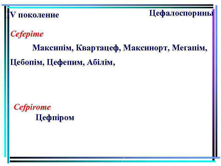 IV поколение Цефалоспорины Cefepime Максипім, Квартацеф, Максинорт, Мегапім, Цебопім, Цефепим, Абілім, Cefpirome Цефпіром 