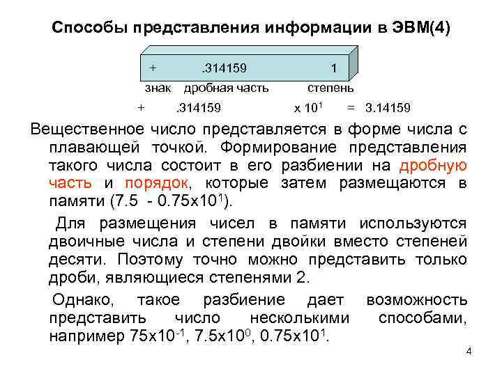 Способы представления информации в ЭВМ(4) + знак + . 314159 1 дробная часть степень