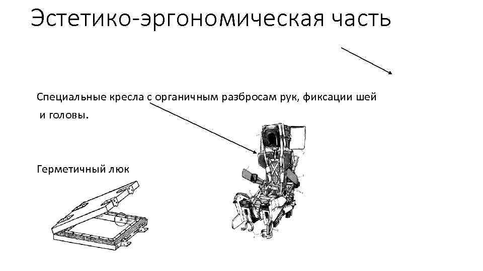 Эстетико-эргономическая часть Специальные кресла с органичным разбросам рук, фиксации шей и головы. Герметичный люк