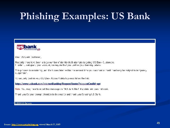 Phishing Examples: US Bank Source: http: //www. antiphishing. org, viewed March 27, 2007 45