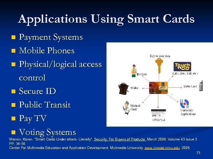 Applications Using Smart Cards Payment Systems n Mobile Phones n Physical/logical access control n
