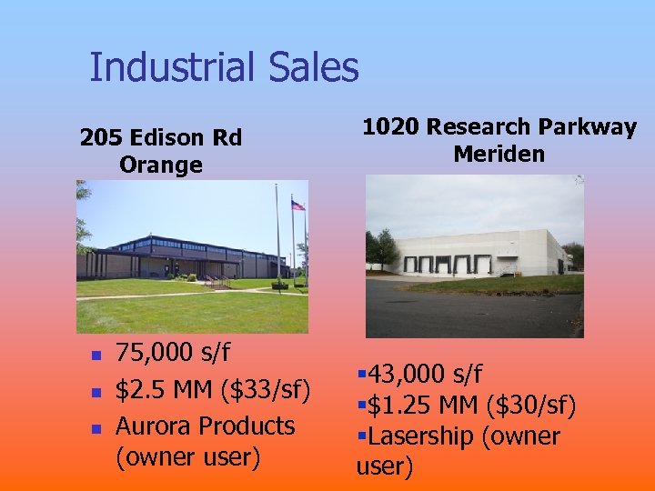 Industrial Sales 205 Edison Rd Orange n n n 75, 000 s/f $2. 5