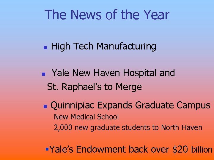 The News of the Year n n High Tech Manufacturing Yale New Haven Hospital