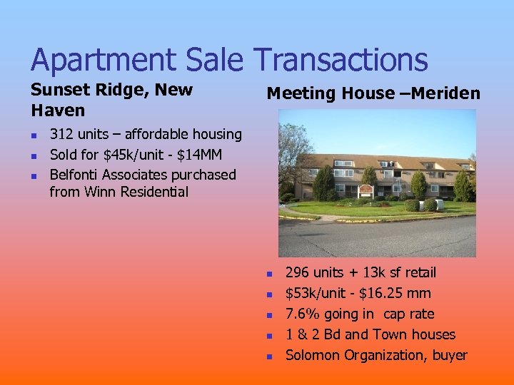Apartment Sale Transactions Sunset Ridge, New Haven n Meeting House –Meriden 312 units –