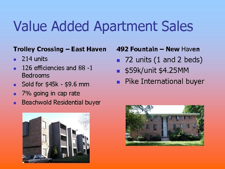 Value Added Apartment Sales Trolley Crossing – East Haven n n 214 units 126