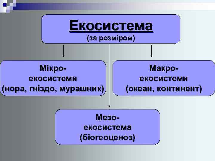 Екосистема (за розміром) Мікроекосистеми (нора, гніздо, мурашник) Макроекосистеми (океан, континент) Мезоекосистема (біогеоценоз) 