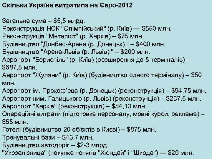 Скільки Україна витратила на Євро-2012 Загальна сума – $5, 5 млрд. Реконструкція НСК "Олімпійський"
