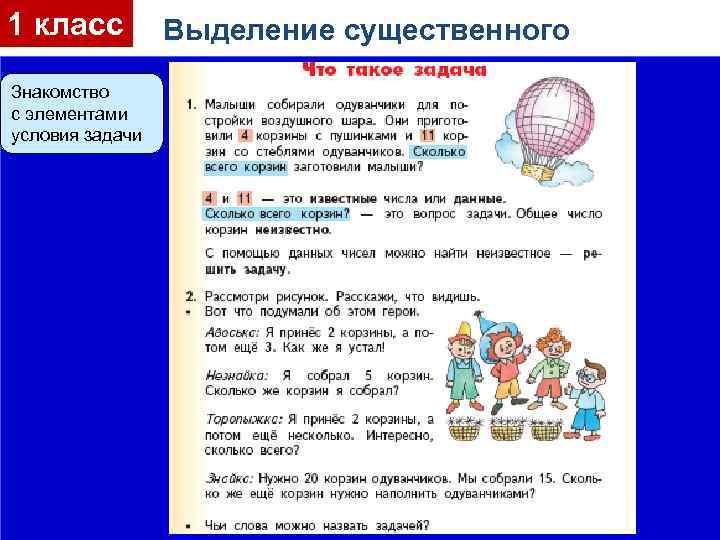 1 класс Знакомство с элементами условия задачи Выделение существенного 