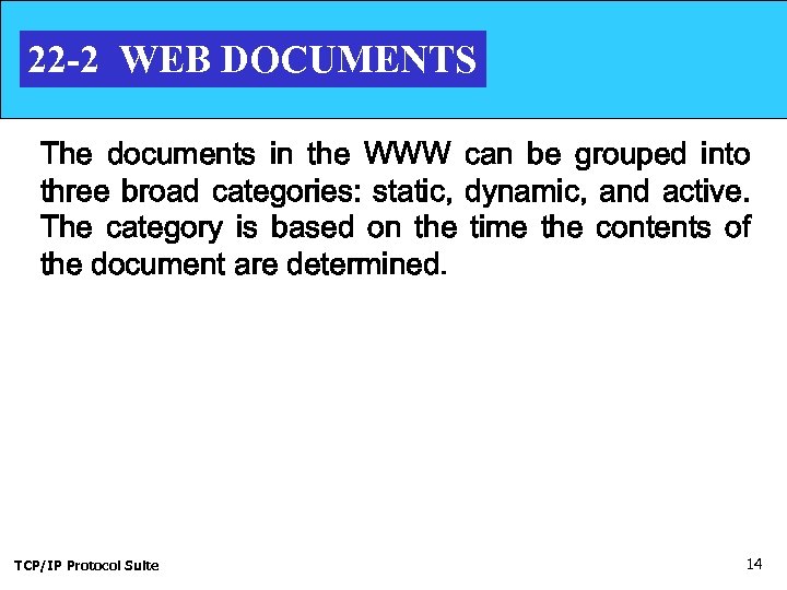 22 -2 WEB DOCUMENTS The documents in the WWW can be grouped into three