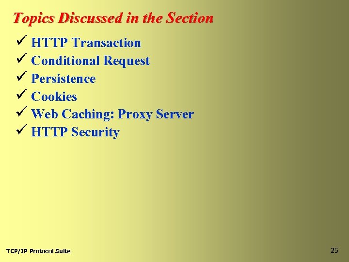 Topics Discussed in the Section ü HTTP Transaction ü Conditional Request ü Persistence ü