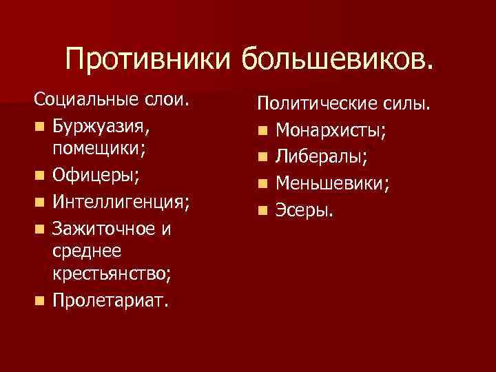 Противники большевиков. Социальные слои. n Буржуазия, помещики; n Офицеры; n Интеллигенция; n Зажиточное и