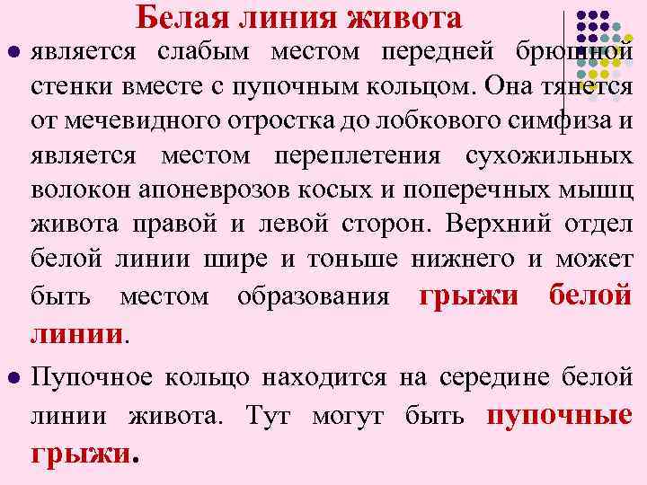  Белая линия живота l l является слабым местом передней брюшной стенки вместе с