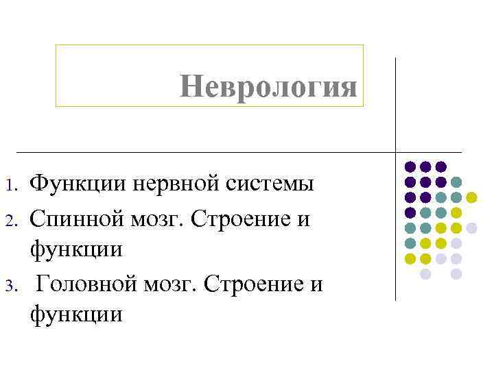 Неврология 1. 2. 3. Функции нервной системы Спинной мозг. Строение и функции Головной мозг.