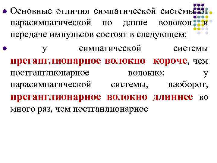 l l Основные отличия симпатической системы от парасимпатической по длине волокон и передаче импульсов