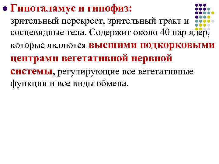 l Гипоталамус и гипофиз: зрительный перекрест, зрительный тракт и сосцевидные тела. Содержит около 40