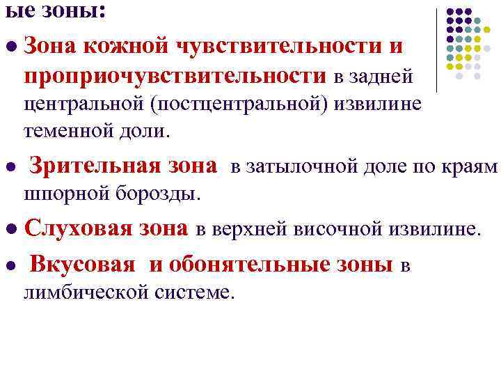 ые зоны: l Зона кожной чувствительности и проприочувствительности в задней центральной (постцентральной) извилине теменной