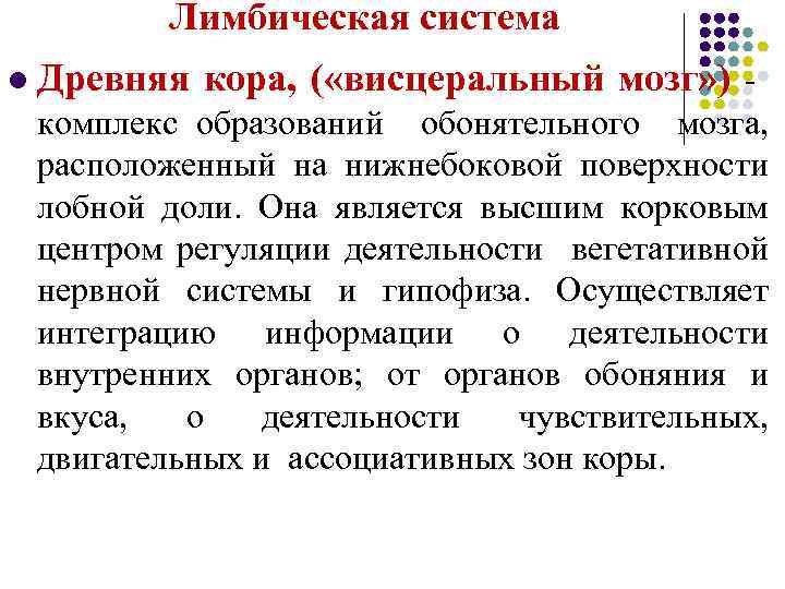  Лимбическая система l Древняя кора, ( «висцеральный мозг» ) - комплекс образований обонятельного