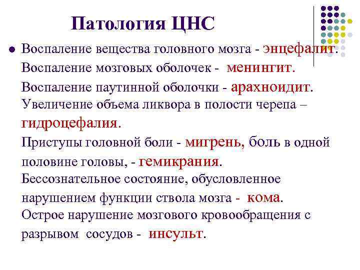  Патология ЦНС l Воспаление вещества головного мозга - энцефалит. Воспаление мозговых оболочек -