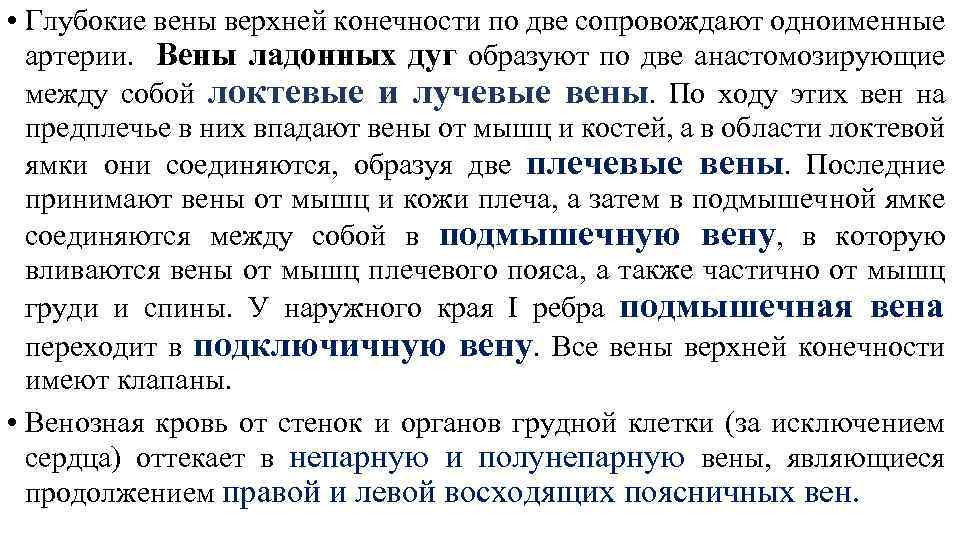  • Глубокие вены верхней конечности по две сопровождают одноименные артерии. Вены ладонных дуг