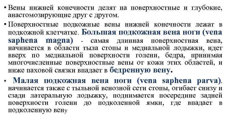  • Вены нижней конечности делят на поверхностные и глубокие, анастомозирующие друг с другом.