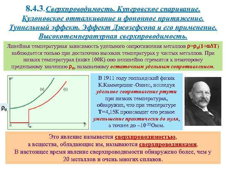 8. 4. 3. Сверхпроводимость. Куперовское спаривание. Кулоновское отталкивание и фононное притяжение. Туннельный эффект. Эффект