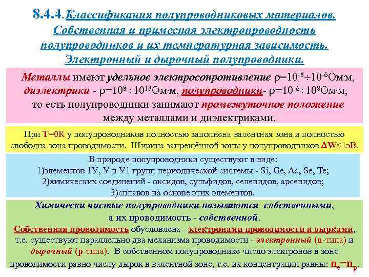 8. 4. 4. Классификация полупроводниковых материалов. Собственная и примесная электропроводность полупроводников и их температурная