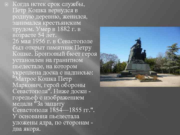  Когда истек срок службы, Петр Кошка вернулся в родную деревню, женился, занимался крестьянским